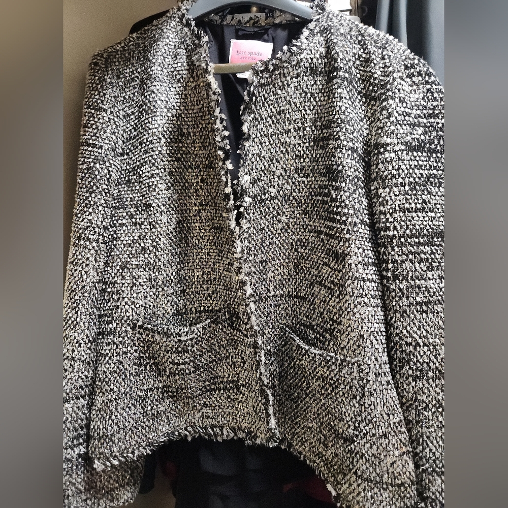 Kate Spade Tweed Blazer size 12 Black Gold Metallic Open Fringe Holiday Party